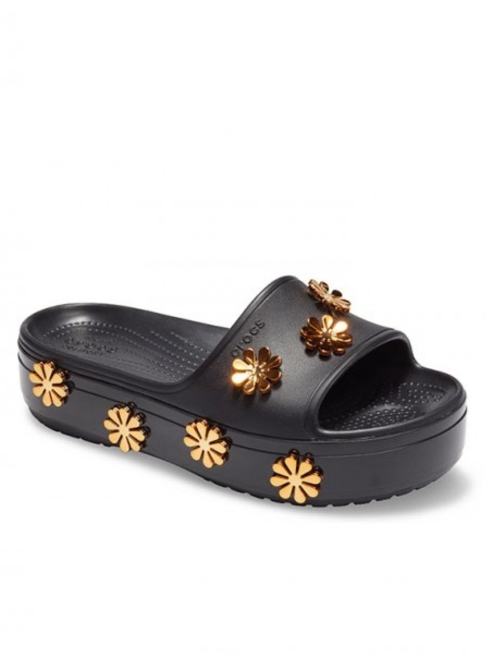 Crocs Crocband Metallic Bloom Platform Slides Gold Black Floral Charms Sz 9 Rare - Picture 4 of 16